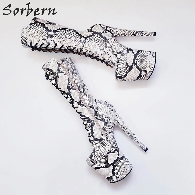 Light Grey Sorbern змеиный принт до середины икры Высокие сапоги веганские туфли по индивидуальному заказу Цвет внутренняя со шнуровкой и боковой застежкой-молнией ботинки размера плюс; большие размеры 34-45 - Цвет: Light Grey