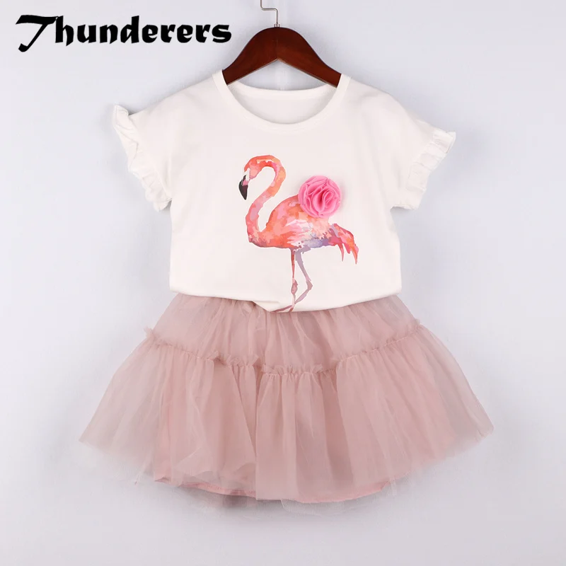 Детский комплект одежды для девочек белая футболка с рисунком Фламинго Розовая Трикотажная юбка комплект детской одежды От 3 до 7 лет - Цвет: 1