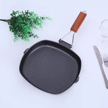

20cm pot cast iron steak barbecue pot non-stick frying pan kitchen frying pan wooden handle folding cooking steak pot portable s