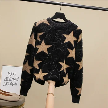 

Light luxury mink Plush bright silk long sleeve sweater for women 2020 spring new Korean version loose Pentagram knitwear top