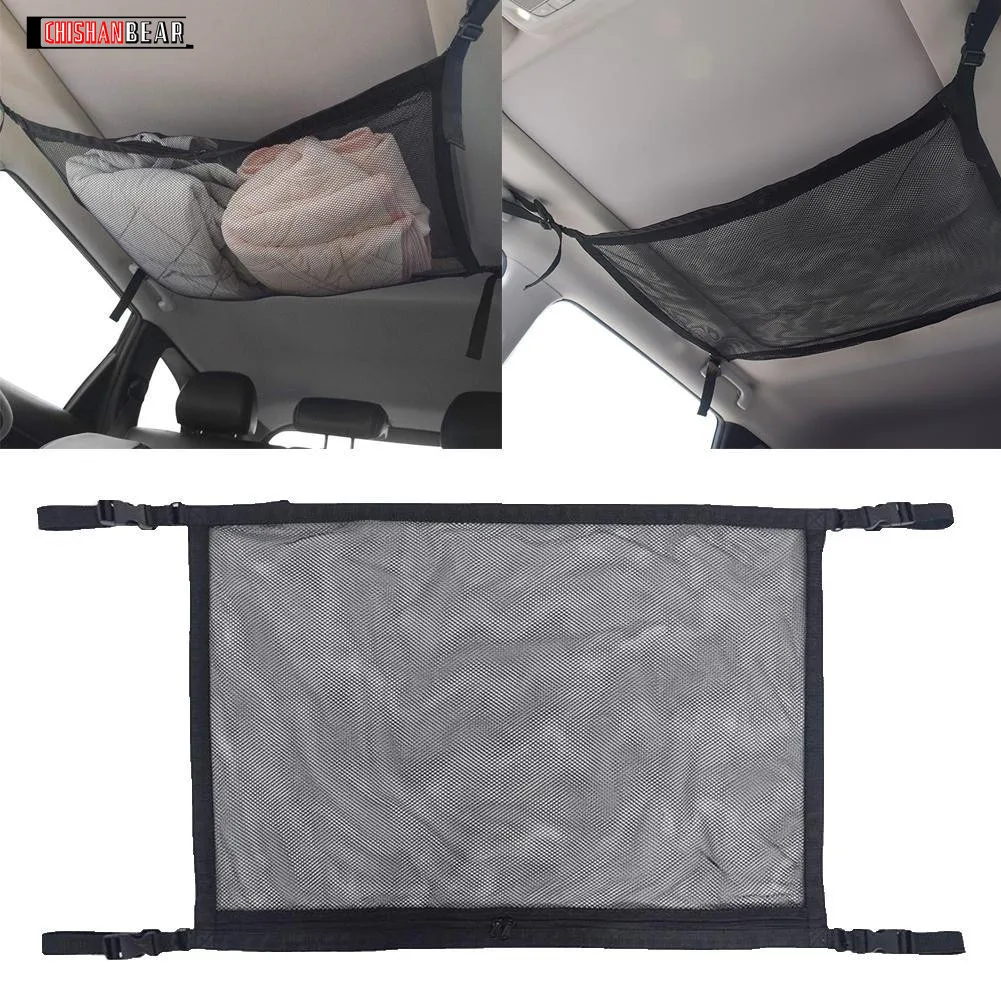 

80X60 Car Ceiling Roof Interior Cargo Zipper Net Universal Storage Bag Sundries Organizer Adjustable Mesh Pocket For Van SUV