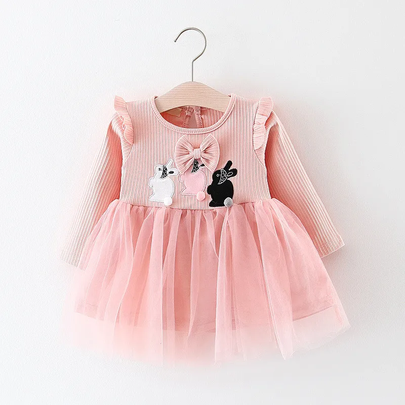Платье для малышей с длинными рукавами и рисунком кролика; платье для маленьких девочек на день рождения; платья на крестины для малышей; фатиновые платья; Infantil Vestido - Цвет: Розовый