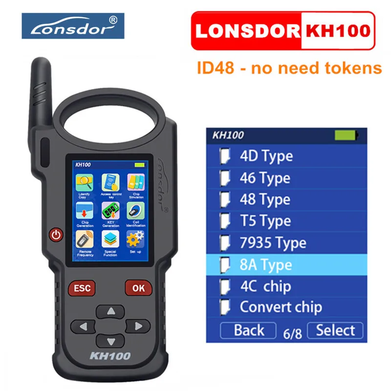 

Lonsdor KH100 Hand-Held Remote Smart Key Programmer Generate chip/ Detect remote frequency for toyota 8A(H) chip