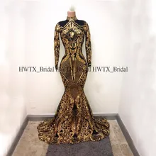 Золотые и черные африканские платья для выпускного вечера с длинными рукавами и высоким горлом, блестящее платье русалки с блестками, вечернее платье на заказ