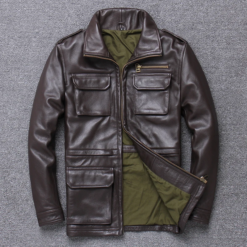 Long In Man Pure Cowhide Lear Lear First Layer Lear Coat Big Yards Single Thin Lear Jacket Pocket - Цвет: Brown