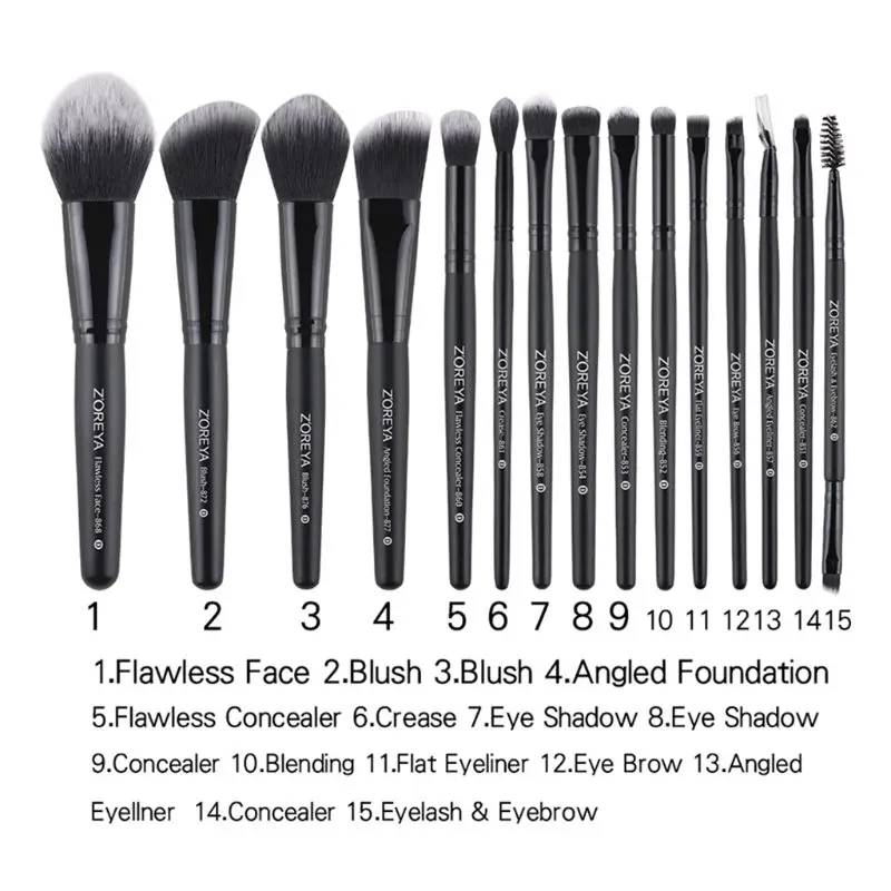 ZOREYA 15pcs Makeup Brushes Set Different Model Essential Professional Cosmetics Tool Kits D2TA