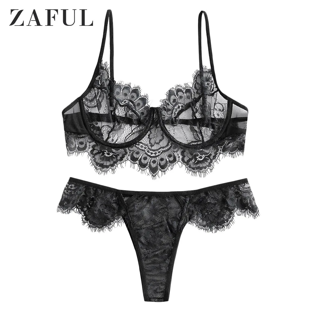 ZAFUL Lace Underwire Sheer Hollow Out Lingerie Set For Women Full Cup Back Closure Adjusted-Straps Female Sexy Set - Цвет: Black