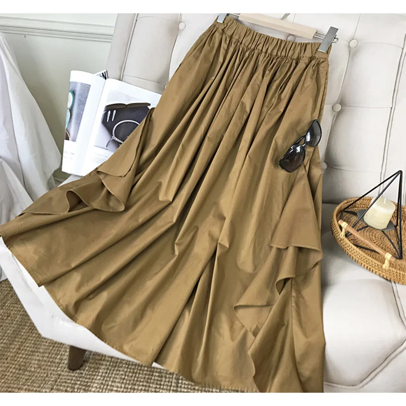 

New Fall Spring Design Russian Women Khaki Asymmetrical Skirts Elastic Waist Ruffles Casual Cotton Ball Gown Skirts