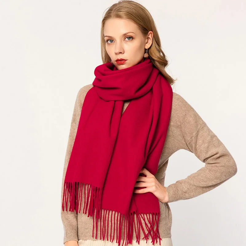 Однотонный серый шарф из чистой шерсти для женщин, зимний роскошный бренд, шерстяные шали и накидки для дам, пашмины, теплые кашемировые шарфы - Цвет: Red