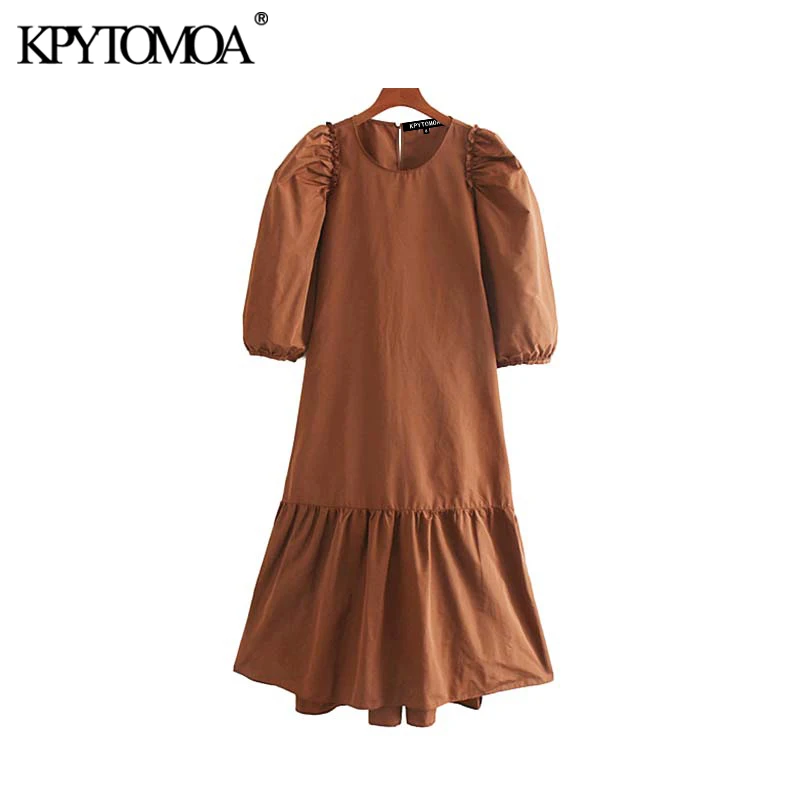 

Vintage Elegant Solid Ruffles Midi Dress Women 2020 Fashion O Neck Three Quarter Puff Sleeve Female Dresses Chic Vestidos Mujer