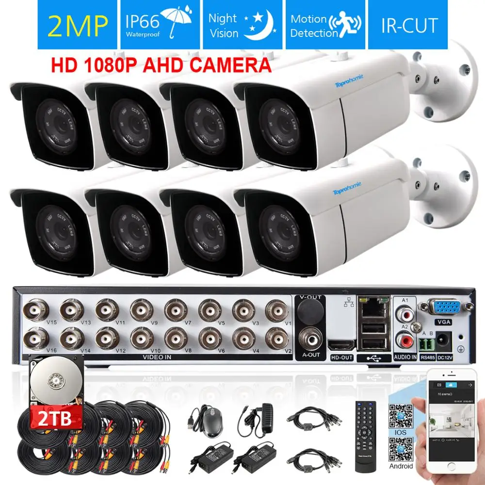 Toprohoime 16CH аналоговая камера высокого разрешения HDMI 1080p DVR Системы 8X2 Мп CVI TVI безопасности наружного видеонаблюдения Камера Системы комплект видео Камеры скрытого Видеонаблюдения Набор
