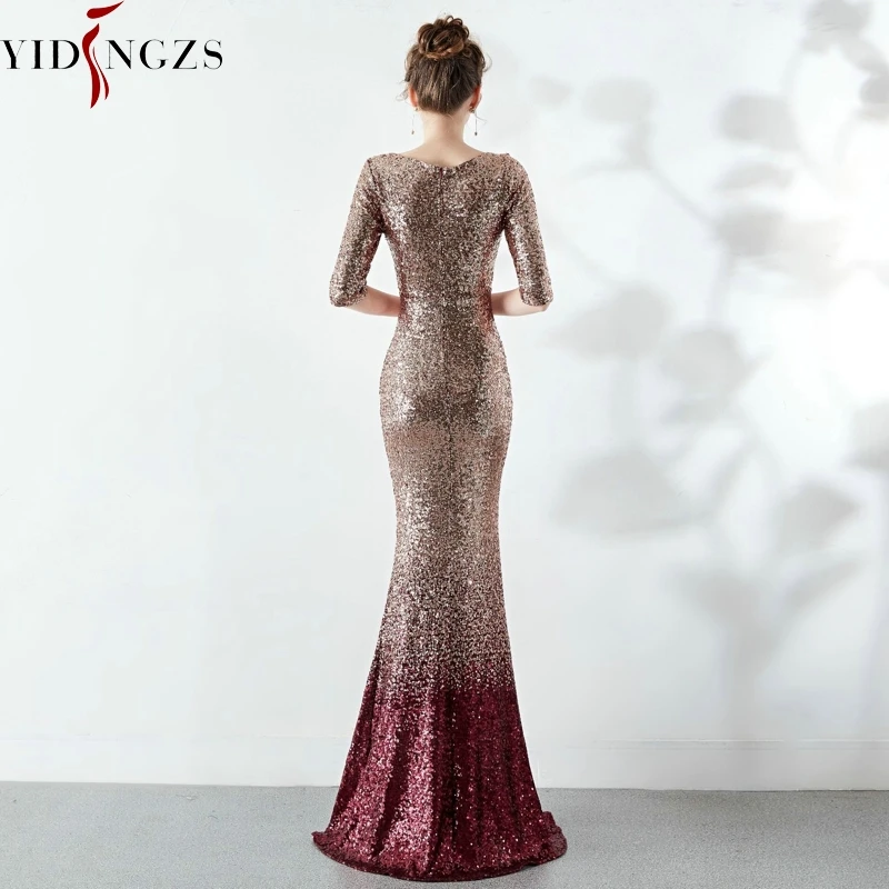 Robe De Soiree элегантные вечерние платья с пайетками YIDINGZS с коротким рукавом длинное вечернее платье YD16116