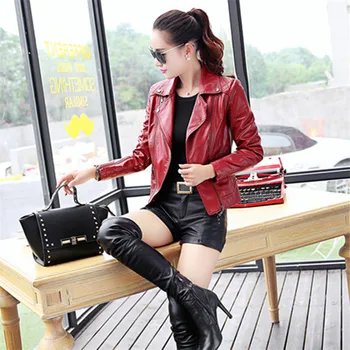 

Punk Style Womens Short Leather Jacket for Women Slim Pu Leather Coats Zipper Motorcycle Biker Jackets Black Red Outerwear Y770