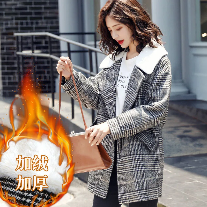 Plus Velvet Woolen Jacket Women's Mid-length Autumn New Style Loose Casual Double Breasted Fur Collar Tartan Overcoat