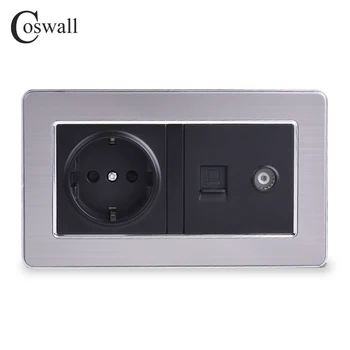 

COSWALL EU Standard Wall Socket + Female TV Jack With Internet Computer Data RJ45 CAT5E Connector Stainless Steel Brushed Panel