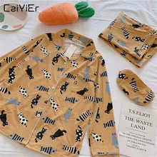 Caiyier/ комплект свободных пижам для дам, хлопковая одежда для сна с рисунком желтого кота, одежда для сна с длинными рукавами и отложным воротником, домашняя одежда из 3 предметов