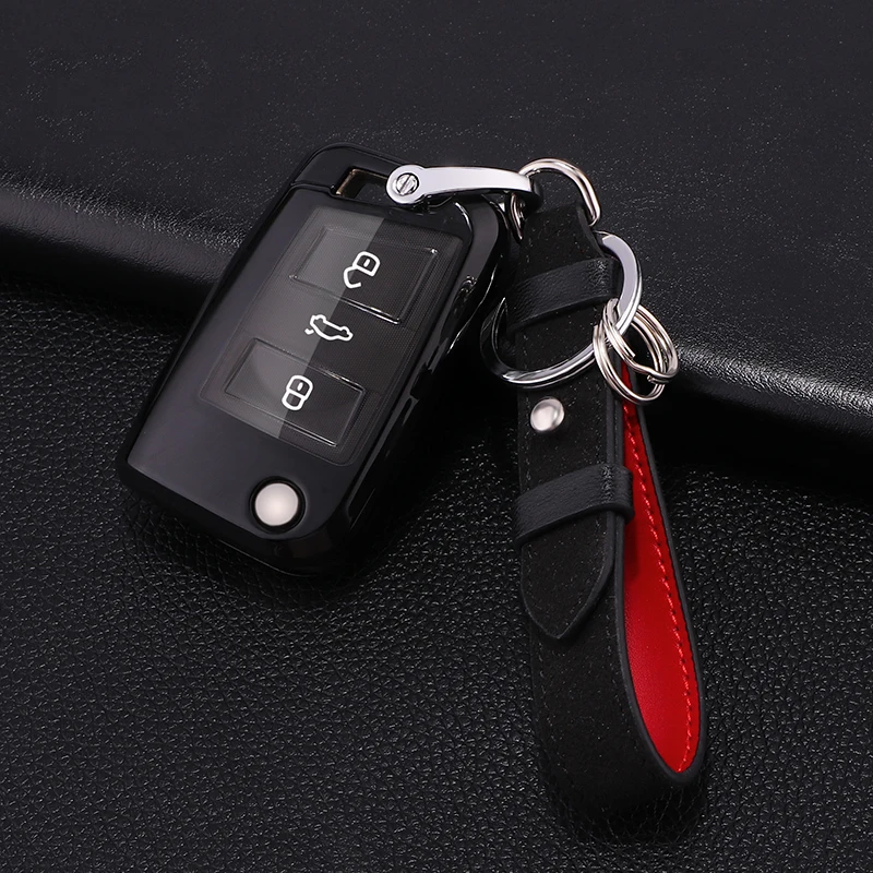 Прочный чехол для ключей автомобиля из поликарбоната+ ТПУ, чехол для VW Golf Bora Jetta POLO GOLF Passat Skoda OctaviaA5 Fabia SEAT Ibiza Leon, аксессуары - Название цвета: B-black keychain