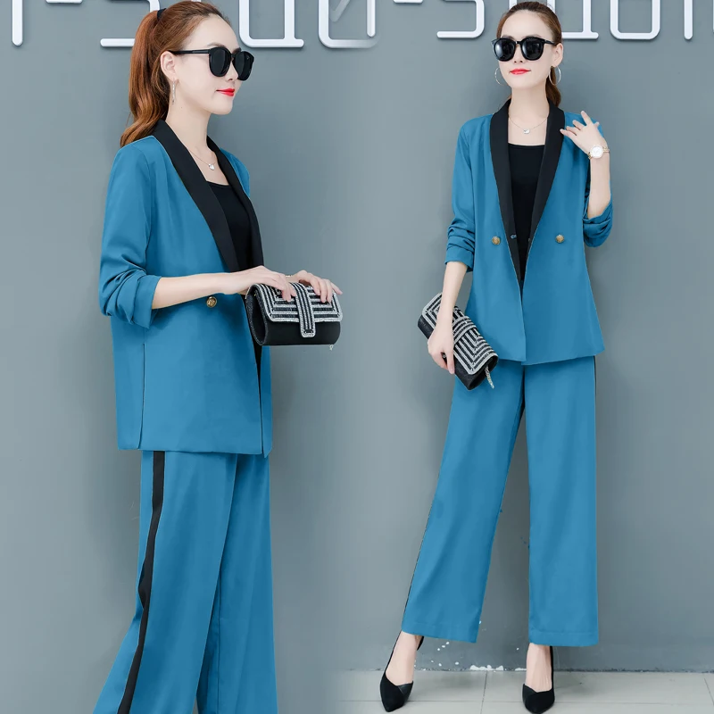 

Autumn Women Loose Top Belt V Neck Blazer Jacket Loose Trousers Professional Suit Wide-Legged Pants Suit Two-Piece Outfit Set