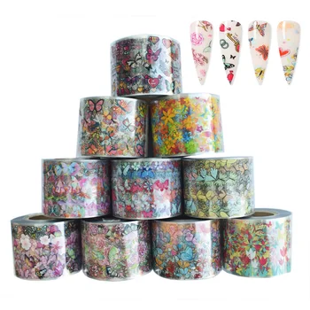 

10Rolls Butterfly Flower Style Foil for Nail 50M*4CM Starry Sky Transfer Paper Decal UV Gel Nail Polish Sticker Nail Art Decor