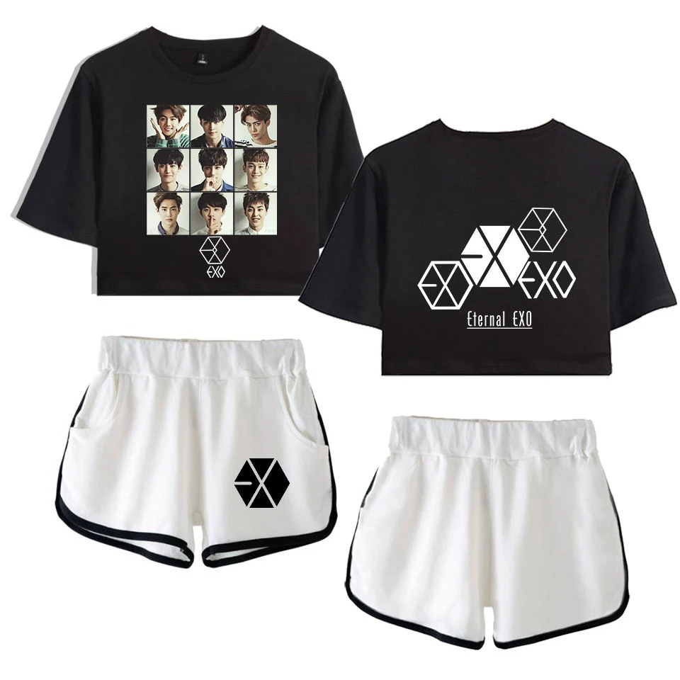 

NEW KPOP EXO PLANET#5 Sexy Two Piece Set Women Summer 2 Piece Sets Female Crop Top and Shorts Pants Harajuku KPop Clothes