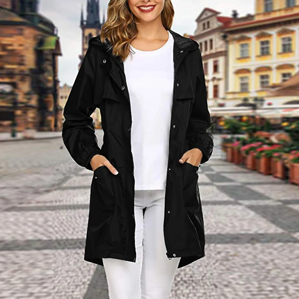 

Waterproof Hooded Women long black trench coat solid Pockets Rain Outdoor Raincoat Casual autumn winter moda mujer 2019