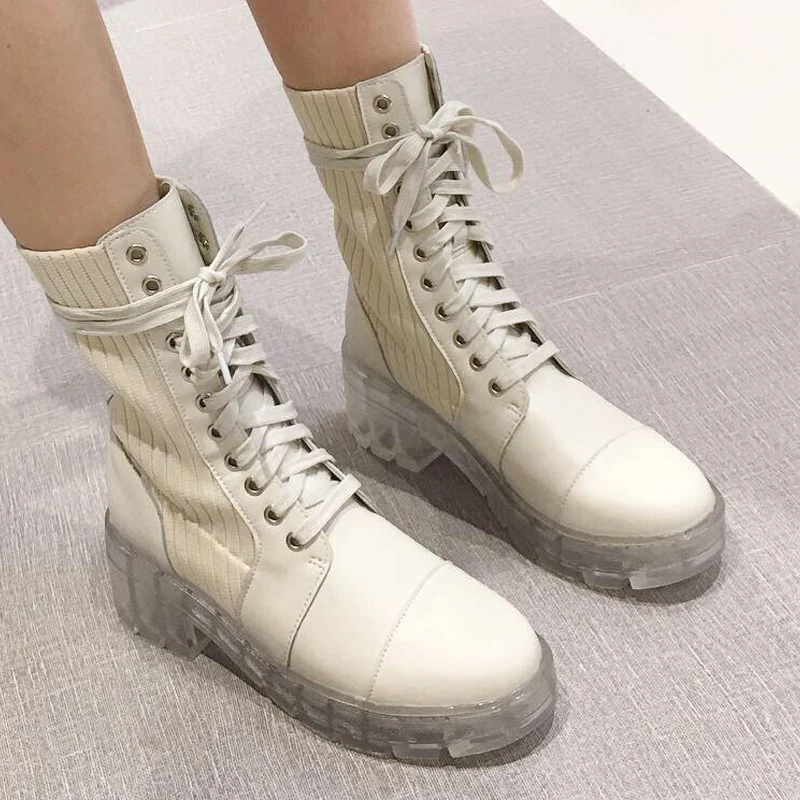 20320 New Women Boots Platform Mid-Calf Ladies Booties Thick Low Heels Female Shoes Spring Autumn Martin knitting | Обувь