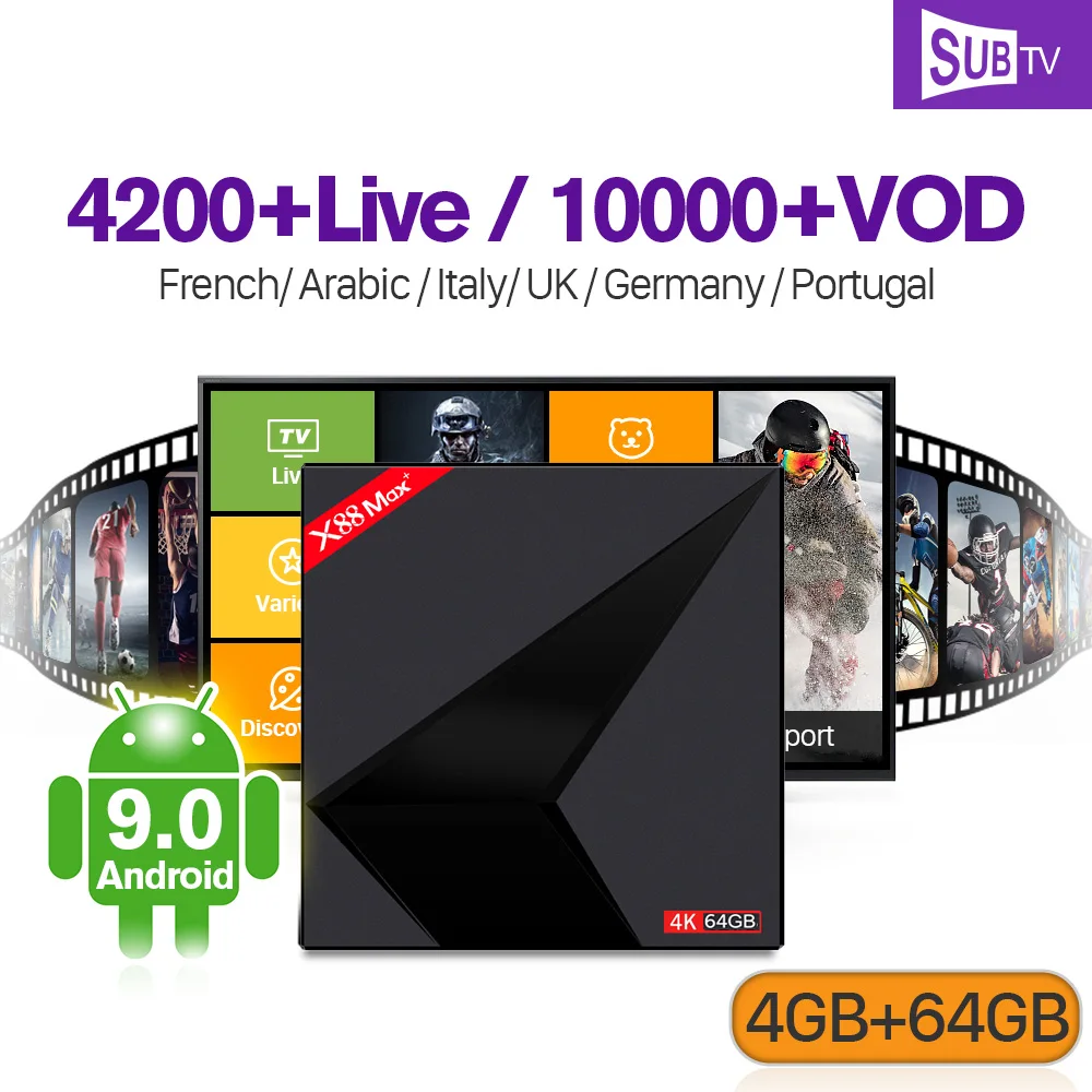 

IPTV Canada French 4K Full HD Spain Portugal Android 9.0 X88Max+ smart tv box SUBTV 4G 64G BT 4.0 Dual-band Wifi ip tv Italy