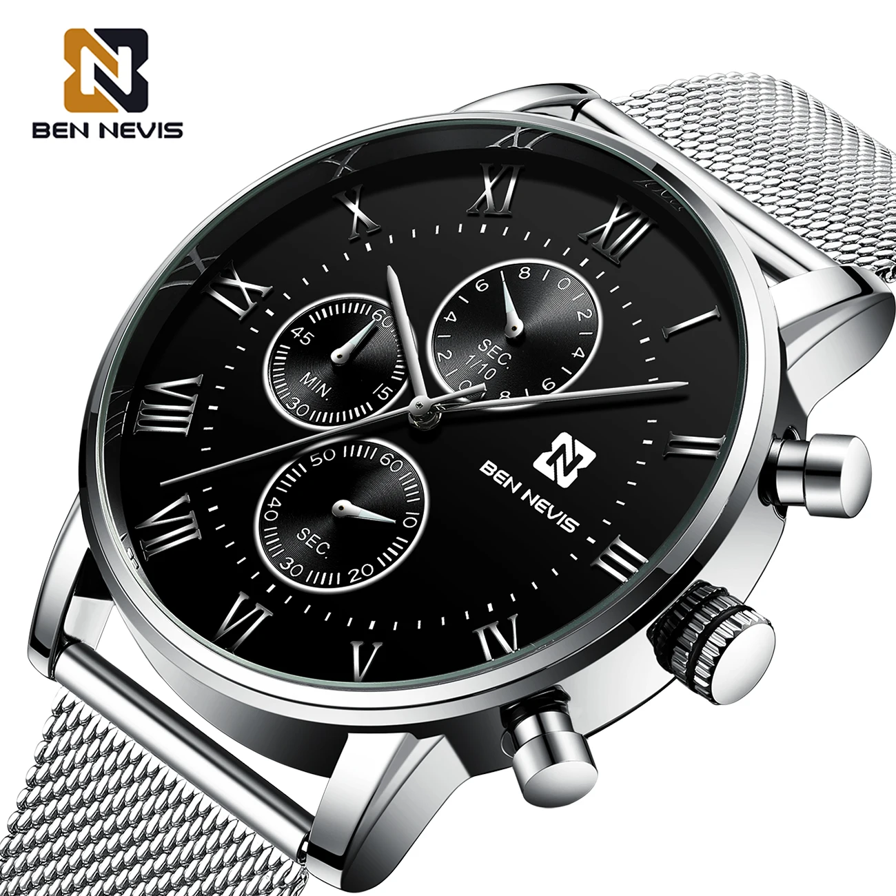Бен Невис мужские часы модные черные циферблат серебристый сетчатый ремень 3