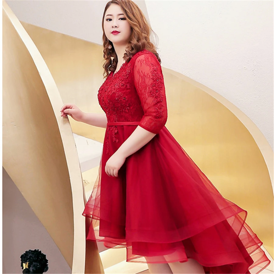 Платье для выпускного вечера с коротким рукавом, высокая низкая Vestidos De Gala, женские вечерние платья с аппликацией, вечернее платье размера плюс с v-образным вырезом T091
