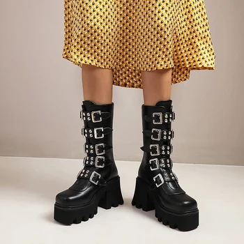 

Winter Gothic Punk Womens Platform Boots Black Buckle Strap zipper Creeper Wedges Shoes Mid Calf Military Combat Boots u542