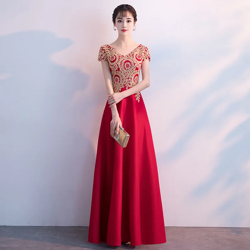 

Evening Dress Burgundy Appliques Pattern Formal Party Gowns A Line Robe De Soiree V-Neck Short Sleeve Women Elegant Vestido K263