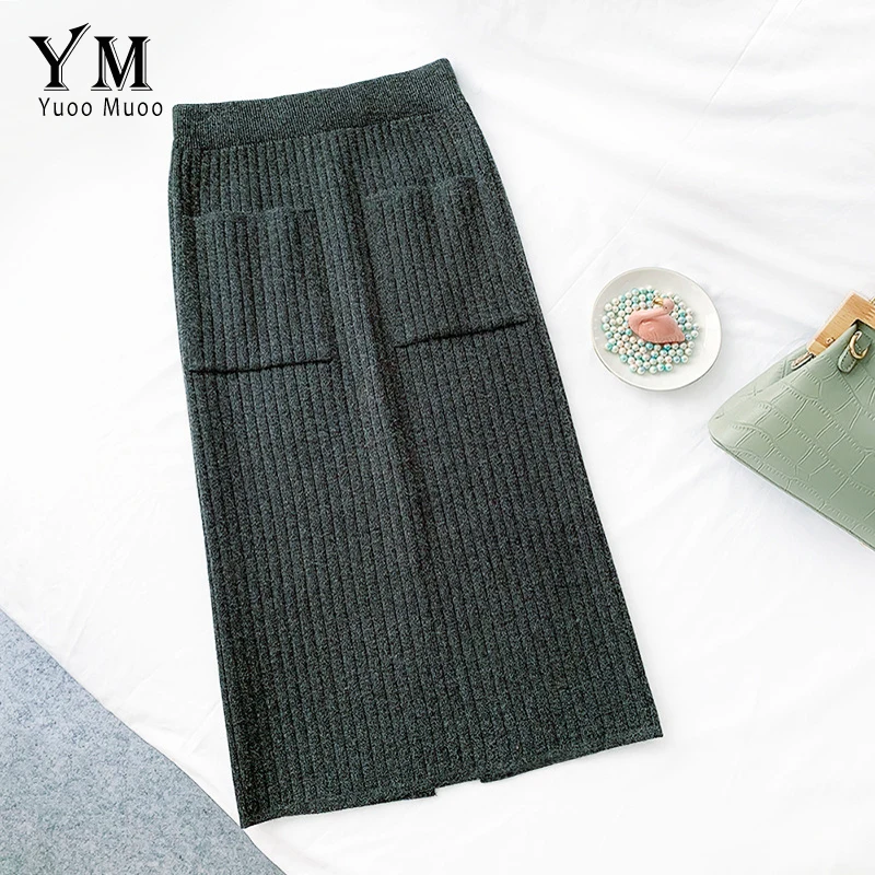 YuooMuoo Women Bodycon Skirt Elegant Knee-length Pencil Skirt Autumn Winter Casual Knitted High Waist Skirt Womens Jupe Femme