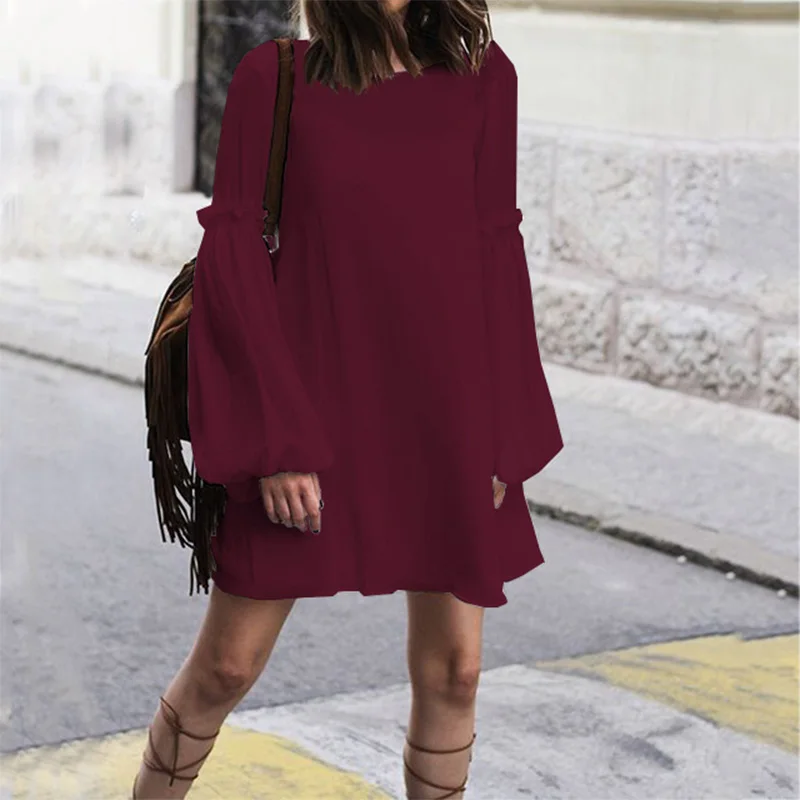 Wine Red ZANZEA, женское осеннее длинное платье с рукавом-фонариком,, сексуальное короткое платье с открытой спиной и оборками, однотонная длинная рубашка, женское платье размера плюс 5XL - Цвет: Wine Red