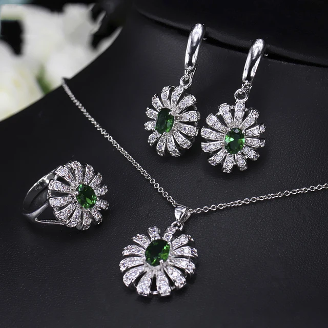 ThreeGraces Green Emerald Cubic Zirconia Stone Flower Necklace Earring and Ring Set 925 Sterling Silver Jewelry for Women  JS500 Green
