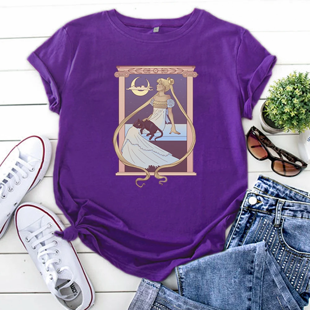 T-Shirt Japanese Moon And Girl Cartoon Fashion T Shirts For Women Fashion Oversized Women'S Tshirts Casual Lovely Woman Tops