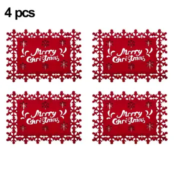 

4PCS Merry Christmas Placemat / Coaster Snowflake Elk Hollow Felt Table Mats Decoration for Home Christmas Party Decor