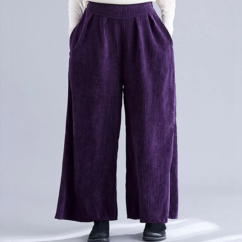 Mferlier Autumn New Corduroy Pants Women Solid Elastic High Waist Navy Blue Purple Brown Ladies Stylish Slim Wide Leg Pants