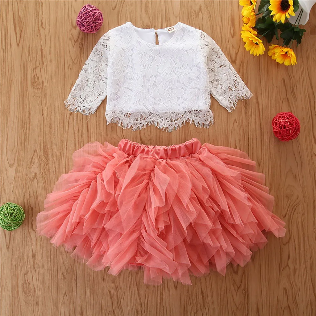 Летние комплекты одежды для малышей однотонная Кружевная футболка для девочек топы и юбка-пачка комплект одежды принцессы из двух предметов#1210