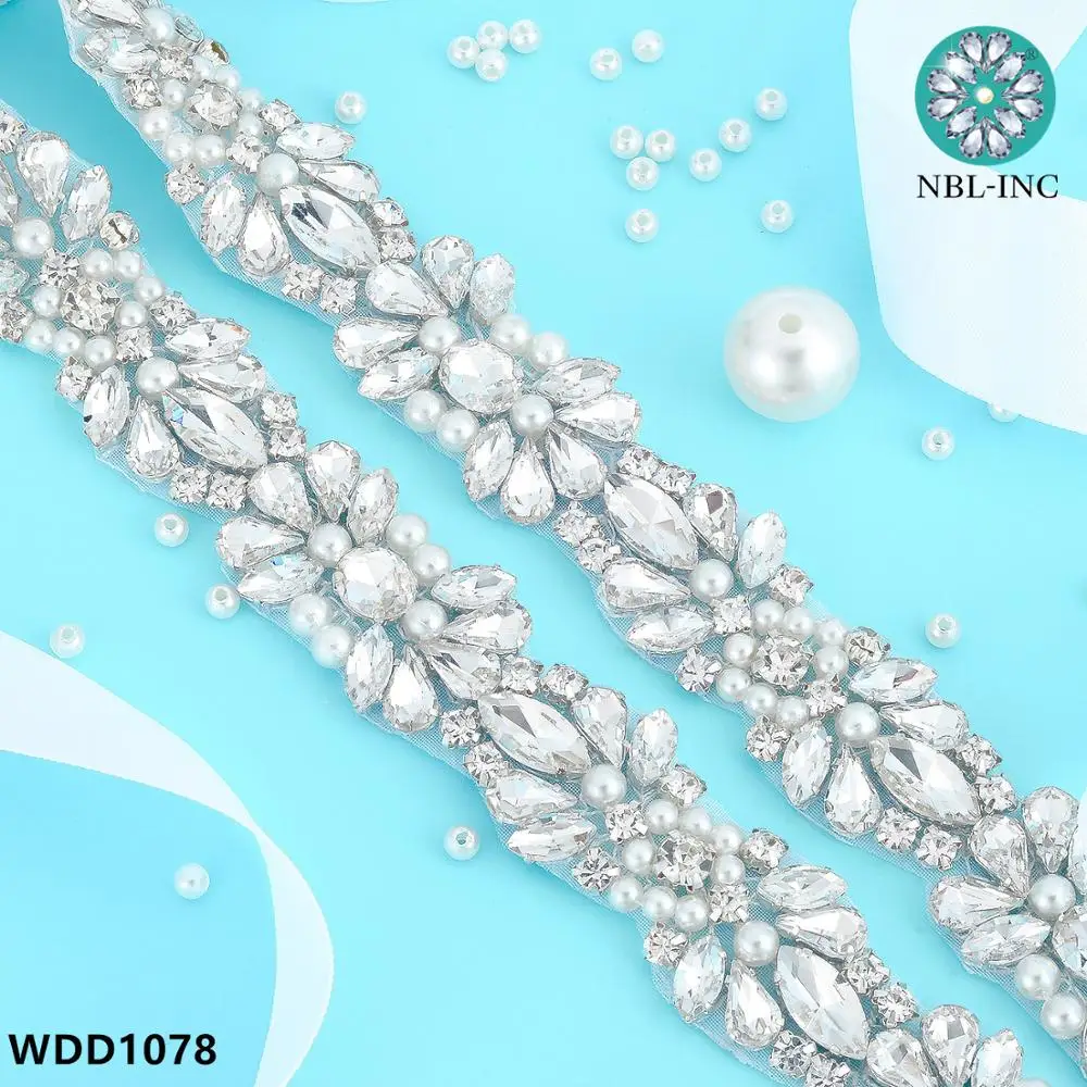 

(10 yards) Wholesale bridal crystal rhinestone pearl applique trim hand beaded iron on sew on for wedding dress WDD1078