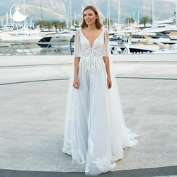 Aedmgh A-Line Boho Wedding Dresses 2021 V-Neck Sleeveless Ribbon Robe De Mariee Beaded Lace Court Train Simple Vestido De Novia