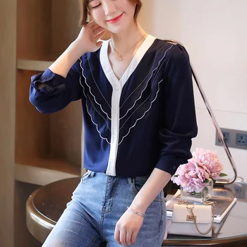 

COIGARSAM Full Sleeve blouse women New Spring Chiffon V-Neck blusas womens tops and blouses Blue 6115