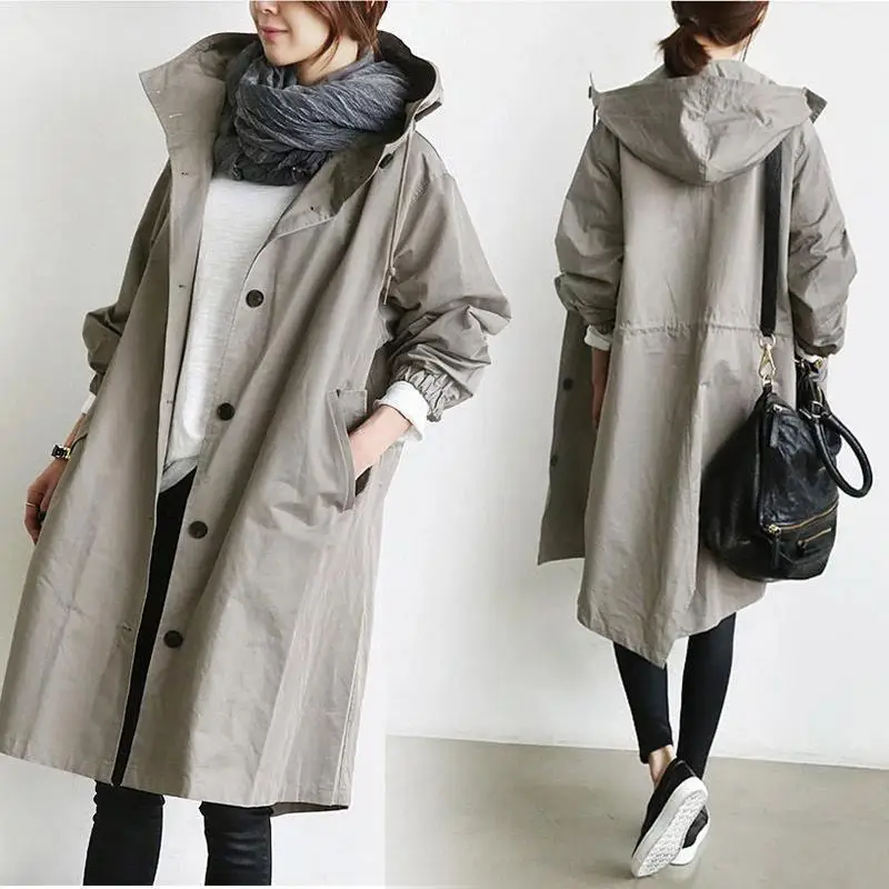 Fashion Trench Coat Female Autumn Casual Long Sleeve Hooded Medium Long Overcoat Loose Windbreaker Coat Spring Trench Plus Size 1