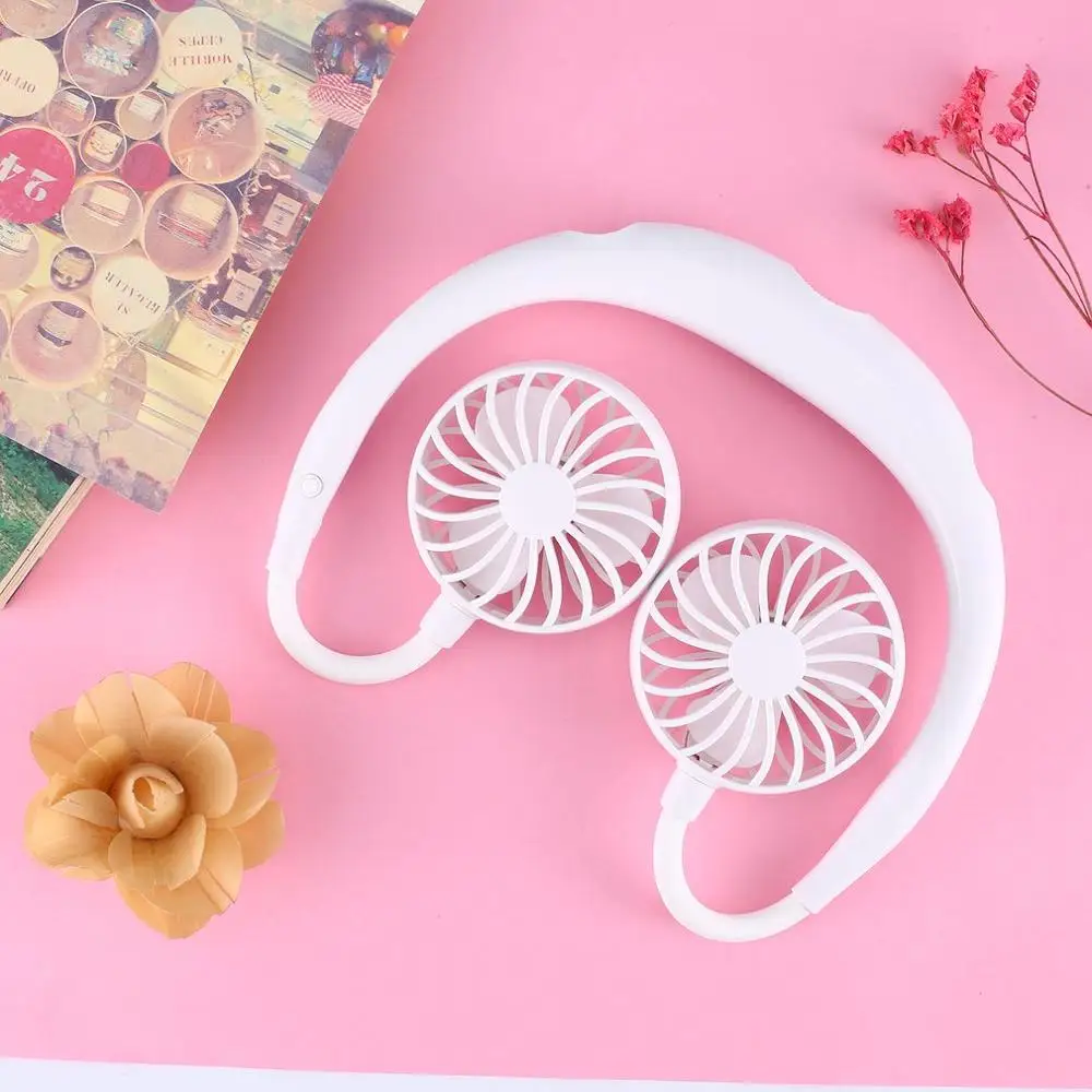 

Small Neck Band Portable Mini Air Fan With Dual Fan USB rechargeable Cooler Fan Lazy Fan