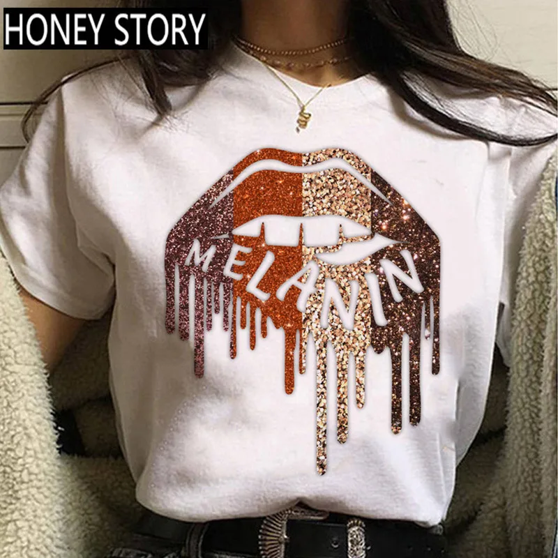 ZOGANKIN Cartoon T-shirt Kawaii Melanin Shirts Women Black African Curly Hair Girl Lips Graphic Tops Aesthetic Clothes | Женская одежда