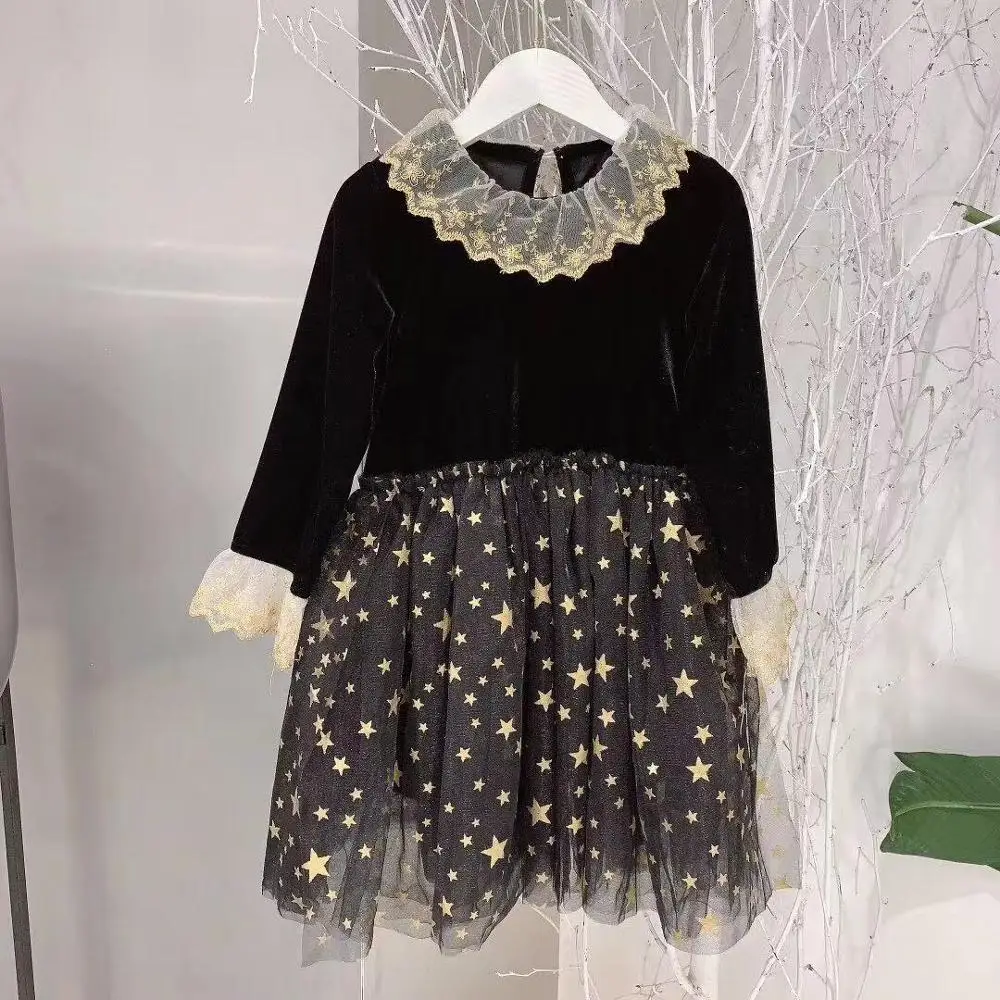 Black Instock/платье для девочек черная бархатная Лоскутная кружевная сетчатая Одежда для девочек верхняя одежда, вечерние платья платье для девочек 3, 4, 6, 8, 10, 12 лет - Color: Black