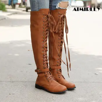 

Women Over Knee Boots PU Cross Tied Lace Up Autumn Winter Long Knight Buckle Strap Flats Shoes Winter Thigh High Boots Buckle