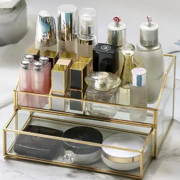 

Nordic Simple Brass Glass Cosmetics Receiving Box Drawer Dressing Table Perfume Skin Care Products Finishing Ins Style
