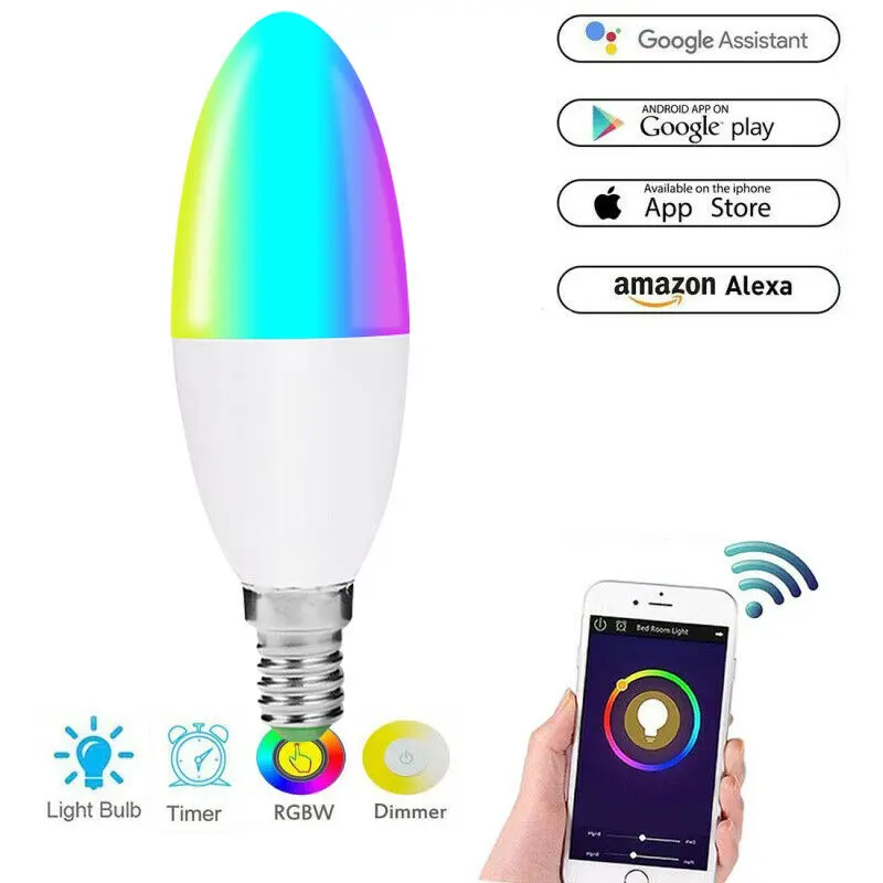 E14 с регулируемой яркостью смарт WiFi Свеча лампа RGB светильник с поддержкой Alexa для Google Home