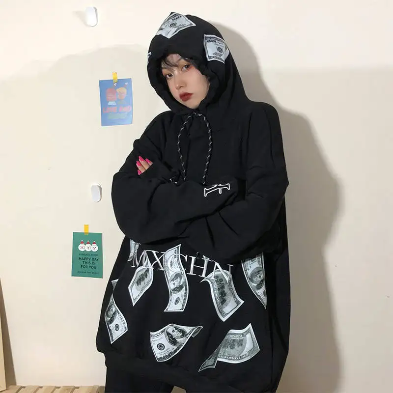 Осенние панк деньги толстовки женские хип хоп Harajuku японские худи уличная одежда