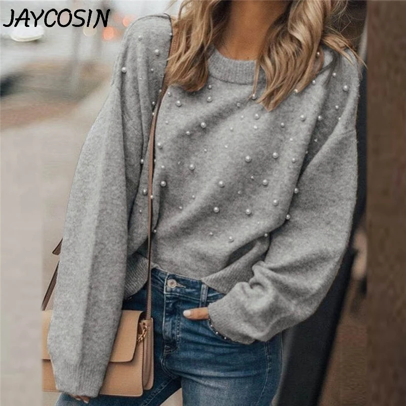 

JAYCOSIN Autumn Winter Women Sweaters Loose Imitation Pearl Solid Sweater O-Neck Long Sleeve Knitted Sweater Pullovers Tops jy25
